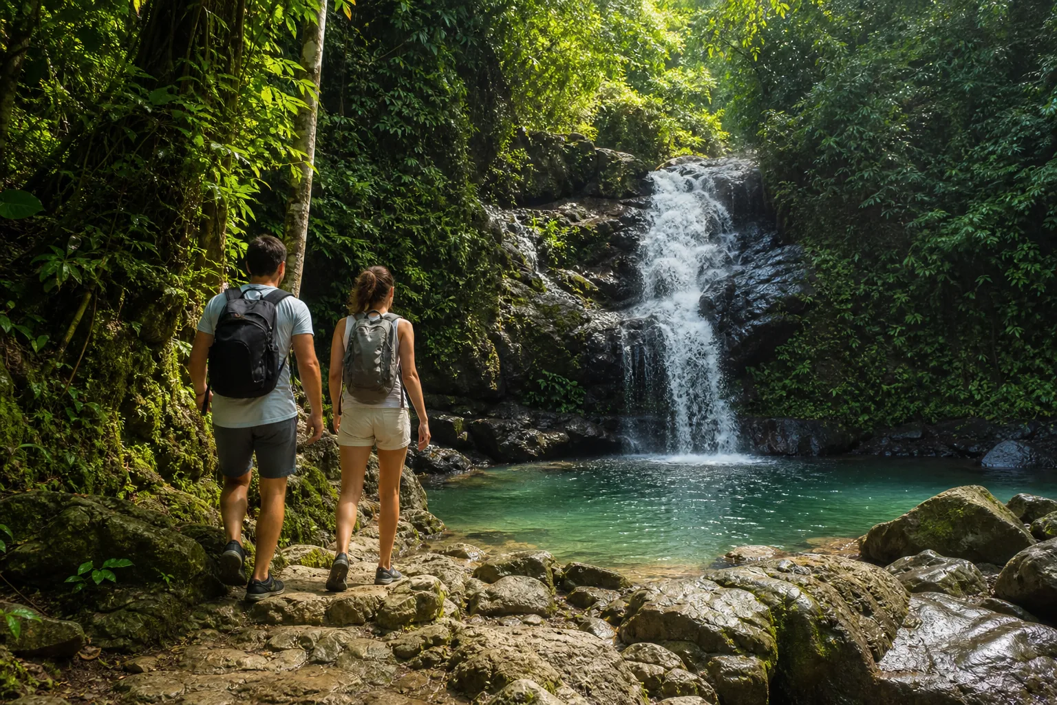 Zwei Erwachsene wandern durch üppigen tropischen Wald zu einem kleinen Wasserfall an der dominikanischen Nordküste
