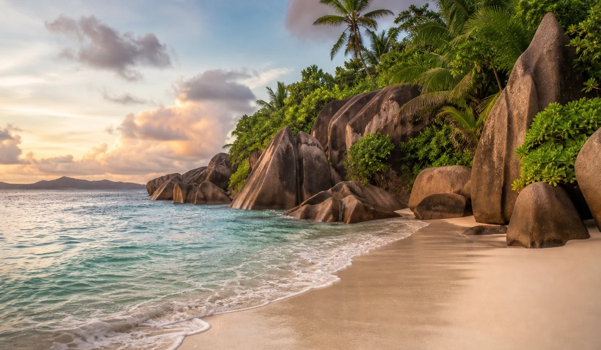Ruhiger Strand auf den Seychellen mit Granitfelsen und tropischer Vegetation