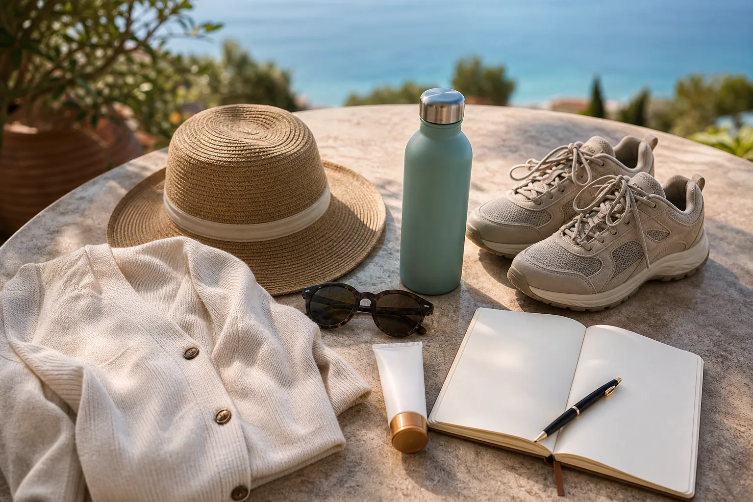 Strickjacke, Sonnenhut, Wanderschuhe und leeres Notizbuch für die Reiseplanung im türkischen Herbst